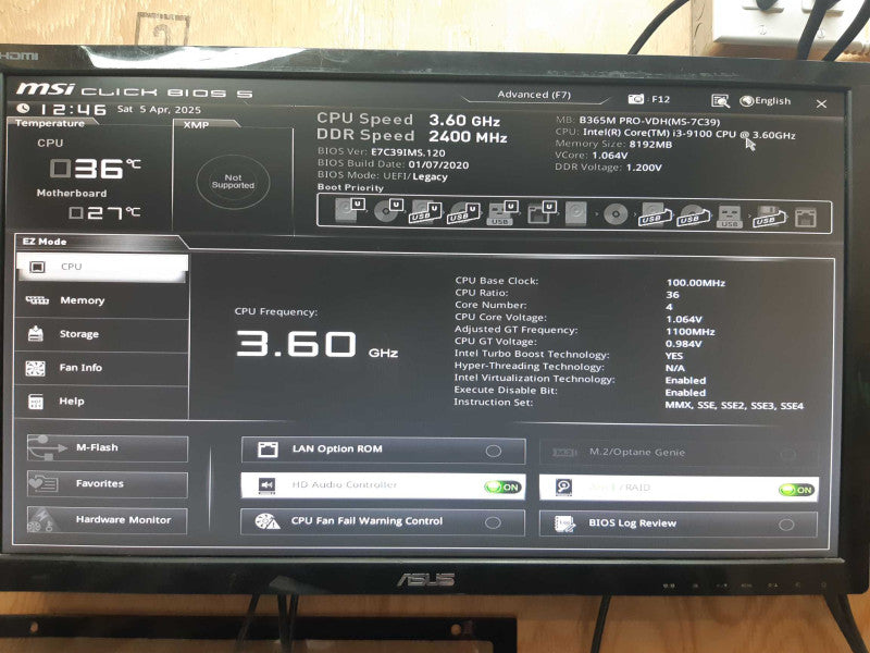 Custom PC MSI B365M PRO-VDH i3-9100 3.60 GHz 8GB DDR4 NO HDD