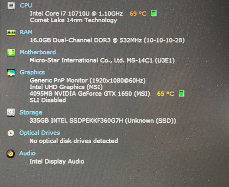 MSI Prestige 14, i7-10710U, 16GB DDR3, GTX 1650 4GB, 360GB NVMe, No PWR  Lap200
