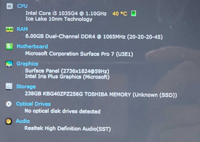Surface Pro 7 1866, i5-1035G4 1.10GHz, 8GB DDR4, 256GB NVMe, No PWR  Lap200