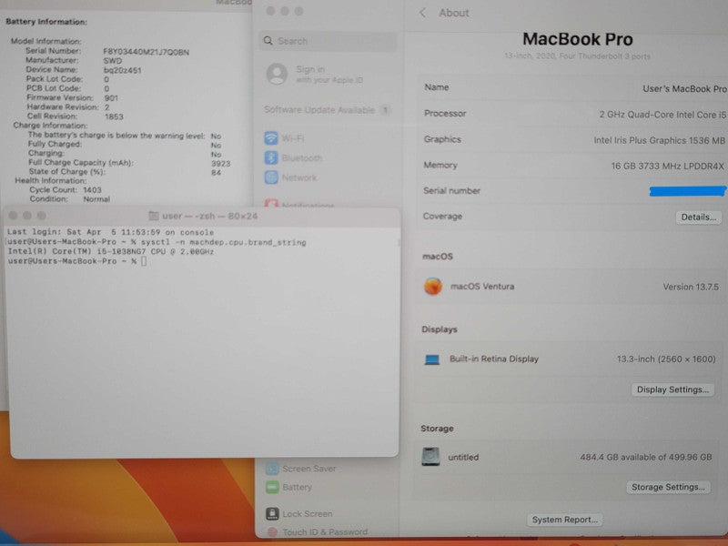 Apple MacBook Pro A2251 (13" 2020, Touchbar) i5-1038NG7 16GB DDR4 500GB  β