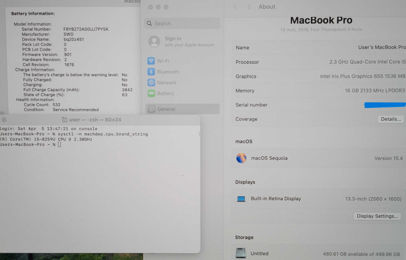 Apple MacBook Pro A1989 13" 2018 i5-8259U 16GB RAM 500GB SSD READ  β
