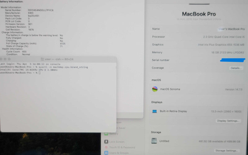 Apple MacBook Pro A1989 13" 2018 i5-8259U 16GB RAM 500GB SSD  β