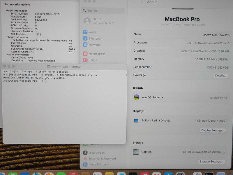 Apple MacBook Pro A1989 13" 2018 i5-8259U 16GB RAM 500GB SSD READ β