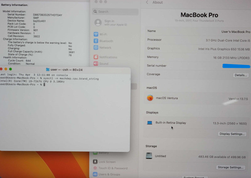Apple MacBook Pro A1706 (13", 2017) i5-7267U 16GB RAM 500GB SSD READ β