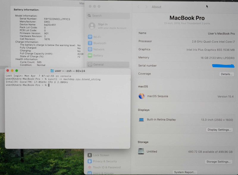 Apple MacBook Pro 13" 2019 A1989 i7 8569U 16GB RAM 500GB SSD READ  β