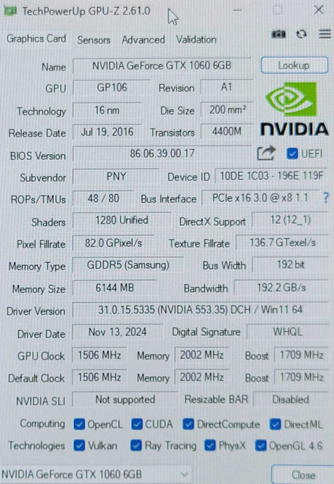 PNY/Nvidia Geforce GTX1060 6GB GDDR5 PCIE Graphics card _