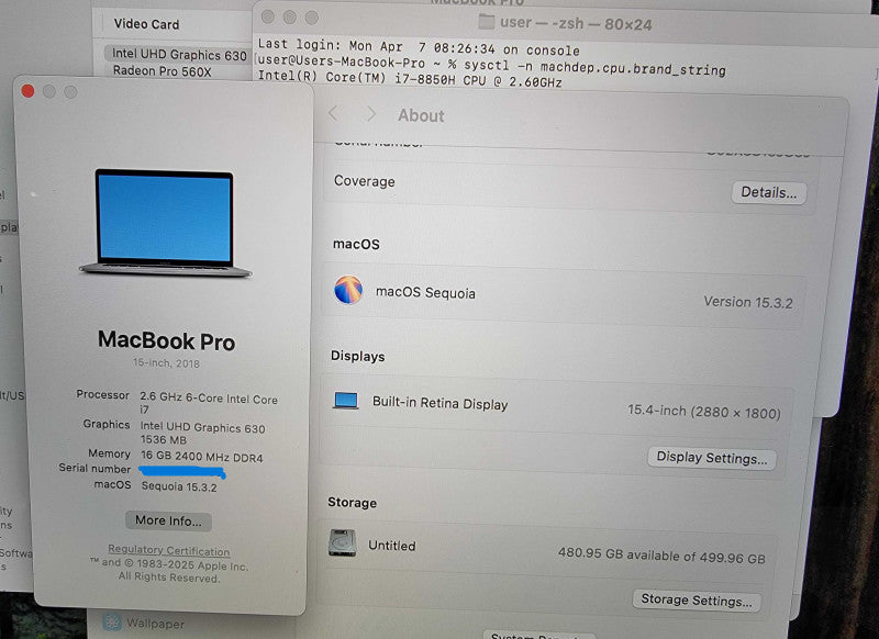 Apple MacBook Pro A1990 2018 15" | i7-8850H @2.6GHz 16GB RAM 512GB SSD READ