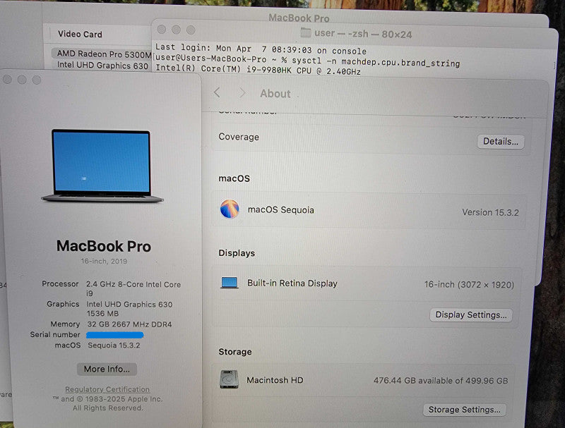 Apple MacBook Pro 2019 16" | i9-9980HK @2.4GHz 32GB RAM 512GB SSD