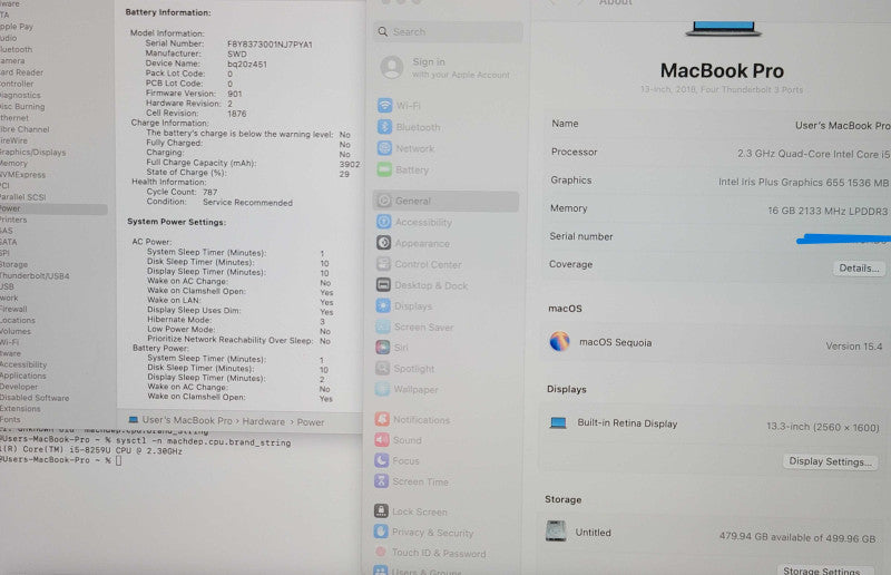 Apple MacBook Pro 13" 2019 A1989 i5 8295U 16GB RAM 500GB SSD SERVICE BATTERY READβ