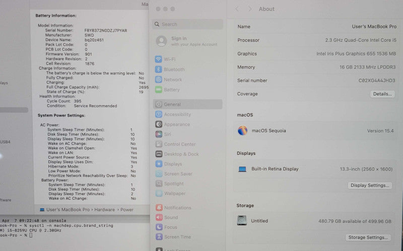 Apple MacBook Pro 13" 2019 A1989 i5 8295U 16GB RAM 500GB SSD SERVICE BATTERY READ  β