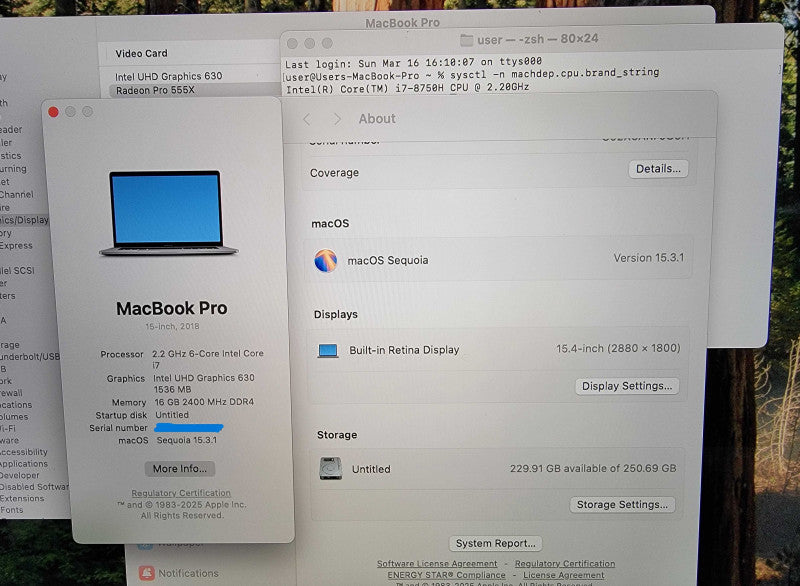 Apple MacBook Pro A1990 2018 15" | i7-8850H @2.2GHz 16GB RAM 256GB SSD READ