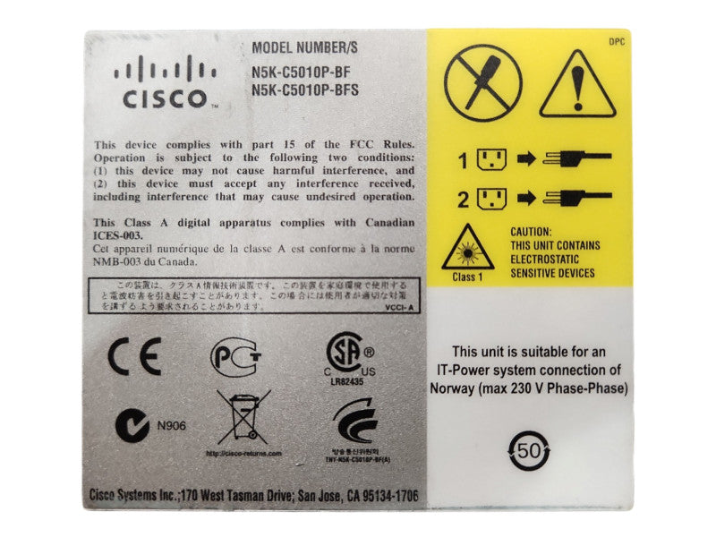 Cisco N5K-C5010P-BF v03, 20x 10GE w/ N5K-M1404 8x 10GE, 1x PSU