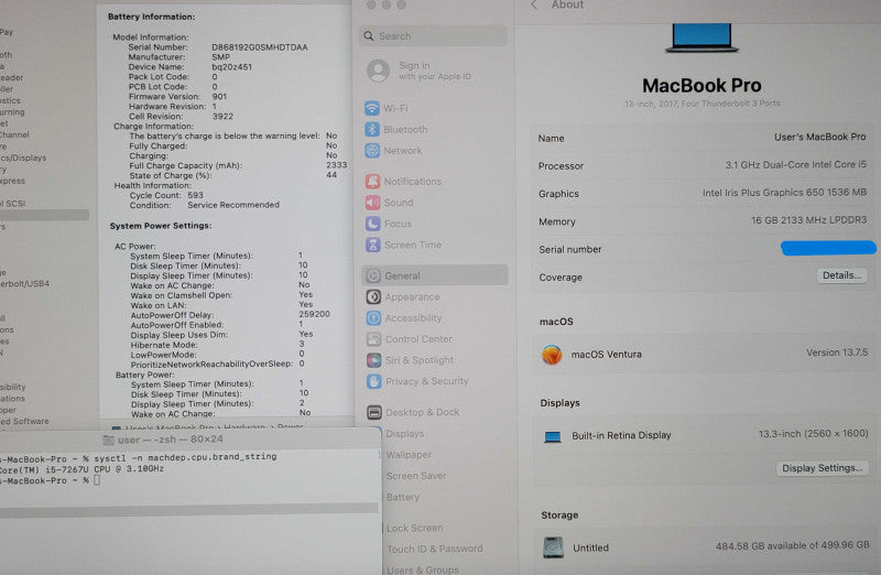 Apple MacBook Pro A1706 (13", 2017) i5-7267U 16GB RAM 500GB SSD SERVICE BATTERY READβ
