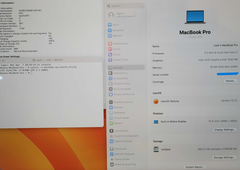 Apple MacBook Pro (2017 15") A1990 i7-8750H 16GB RAM 500GB SSDSERVICE BATTERY READ β