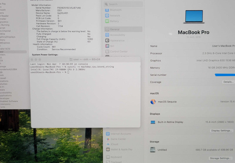 Apple MacBook Pro (15" 2019) A1990 i9-9880H 16GB RAM 500GB SSD  SERVICE BATTERY READ
