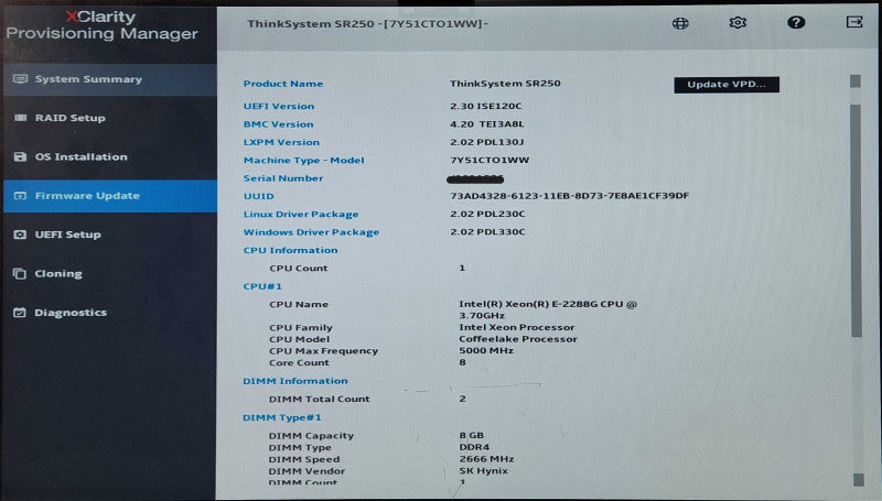 Lenovo ThinkSystem SR250 1U 8x 2.5", Xeon E-2288G, 16GB DDR4, RAID 530-8i