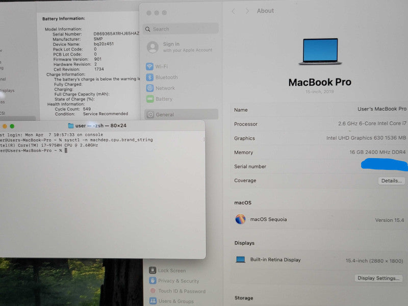 Apple Macbook Pro (15", 2019) A1990  i7-9750H 16GB RAM 500GB SERVICE BATTERY READ β