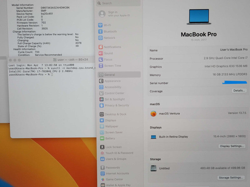 Apple MacBook Pro (15" 2017) A1707 i7-7820HQ 16GB RAM 500GB SSD SERVICE BATTERY READ   β