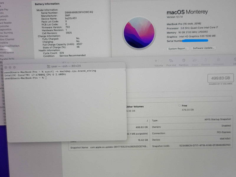 Apple MacBook Pro (15", 2016) A1707 i7-6700HQ 16GB RAM 500GB SSD SERVICE BATTERY READ   β
