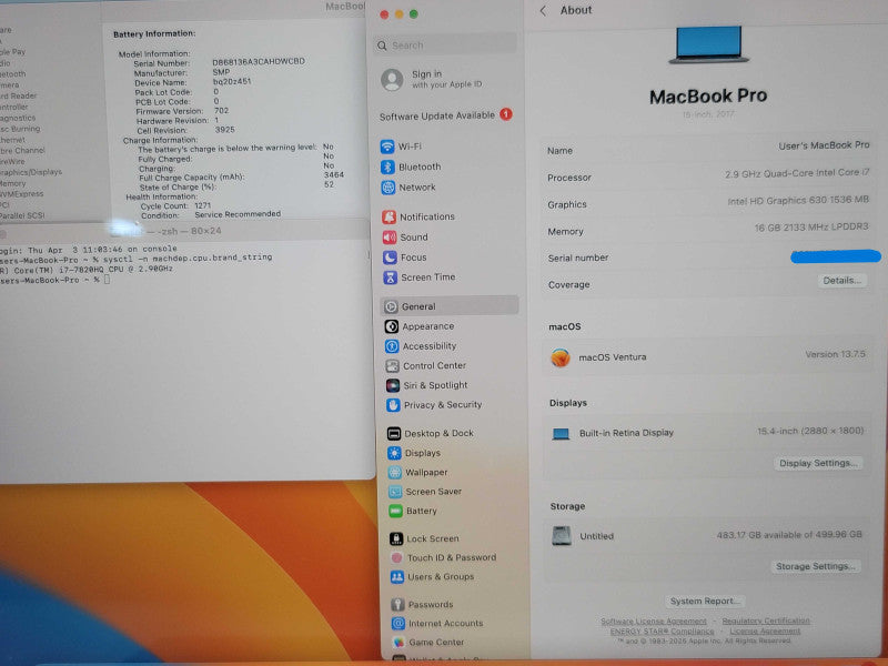 Apple MacBook Pro (15" 2017) i7-7820HQ 16GB RAM 500GB SSD SERVICE BATTERY  β Lap200