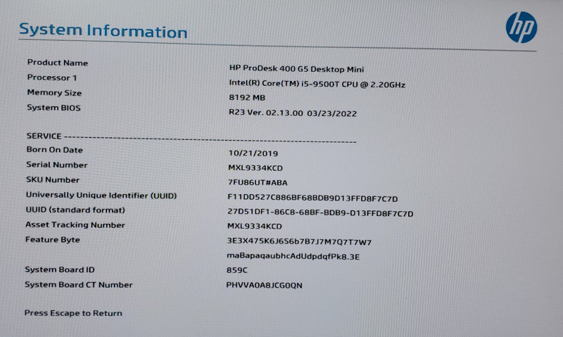 HP ProDesk 400 G5 Mini i5 - 9500T@ 2.20GHz 8GB RAM DDR4 NO-HDD/SSD  Q