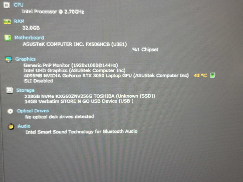 Asus Tuf Gaming FX506HCB i5-11400H 32GB DDR4 RTX 3050 256GB SSD READ β Lap200