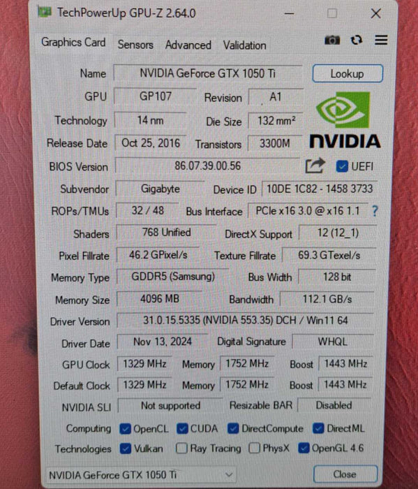 Gigabyte GeForce GTX 1050 Ti OC Gaming 4GB GDDR5 Graphics Card