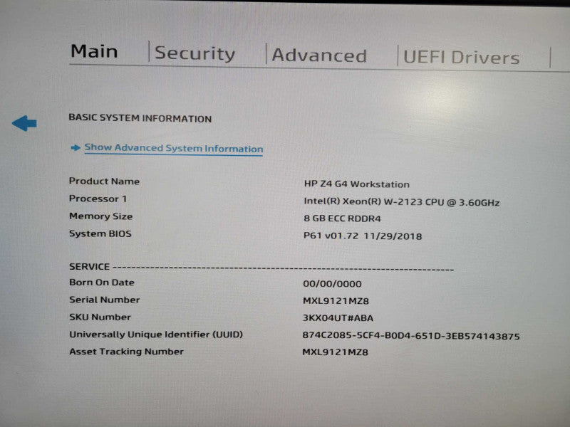 HP Z4 G4, Xeon W-2123 @ 3.60GHz 8GB  RDDR4 RAM, QUADRO K4000, No HDD !