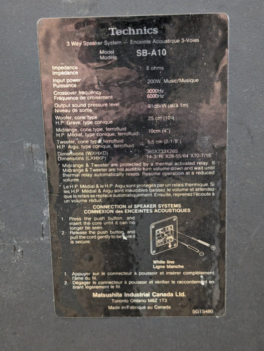Pair of 2 Technics 3 Way Speakers Model SB-A10 READ for repair  -