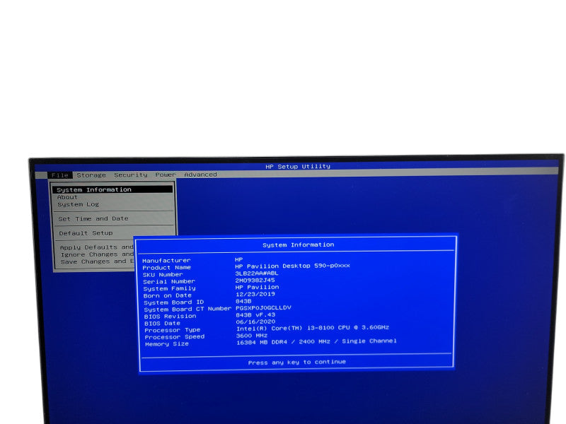 HP Pavilion Desktop 590  p0xxx  i3 - 8100  @ 3.60GHz 16GB DDR4 Ram θ