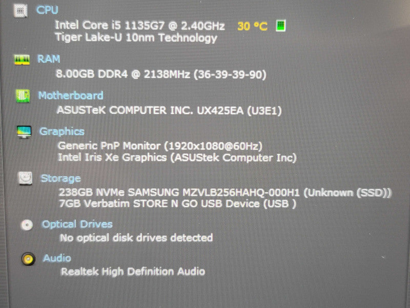 ASUS ZenBook UX425E i5-1135G7 8GB DDR4 256GB SSD READ β Lap200
