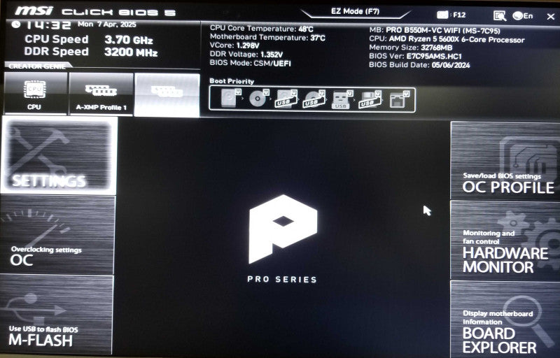Custom Tower, MSI Pro B550M-VC, AMD Ryzen 5 5600X CPU, 32GB RAM - NO HDD
