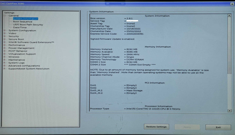 Dell OptiPlex 3080 SFF, i3-10105 3.70GHz, 8GB DDR4, 256GB NVMe
