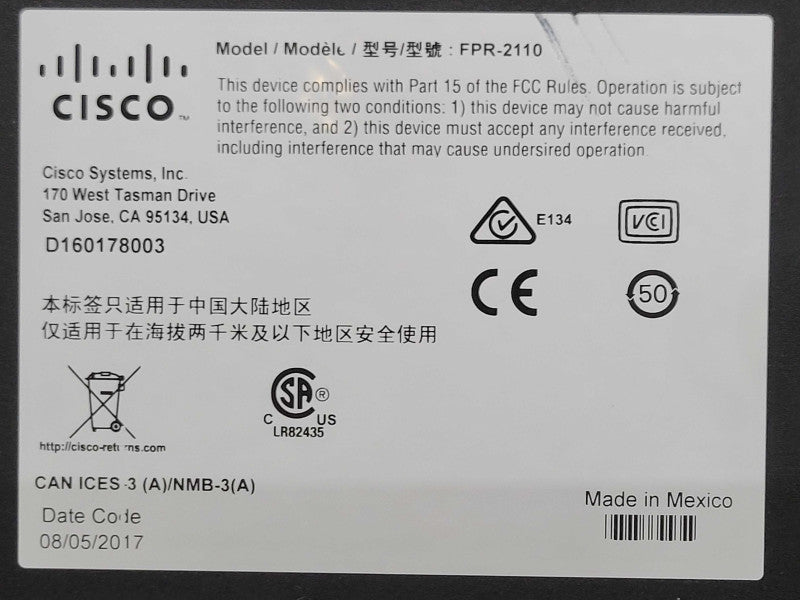 Cisco FPR-2110 FirePower Security Appliance With 100GB SSD w/ Rack Ears _