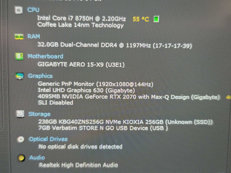 Gigabyte Aero 15-X9 i7-8750H 32GB DDR4 RTX 2070 w/ Max Q 256GB SSD READ  β Lap200