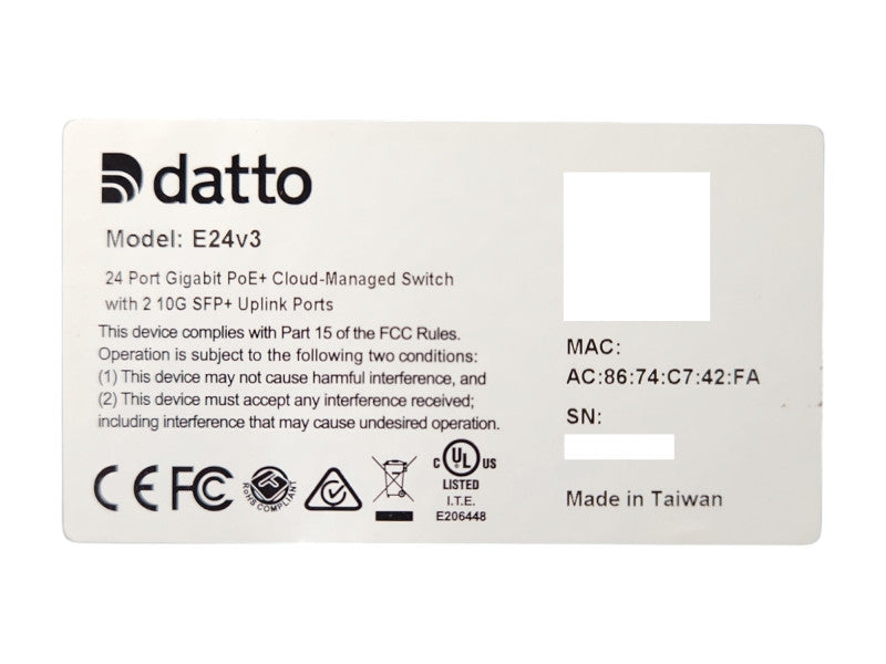Datto E24v3 Switch 24 Port Gigabit PoE+ Cloud managed Switch, READ