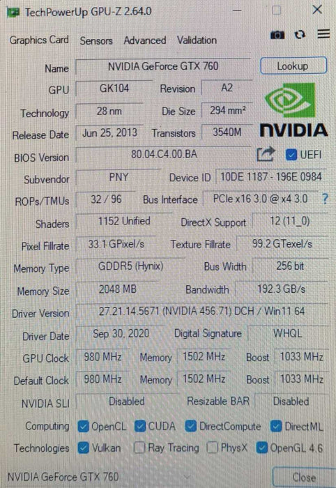 NVIDIA GeForce GTX760 2048M GDDR5