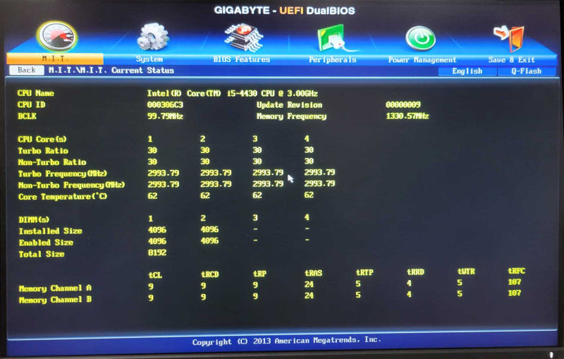 Gigabyte GA-B85M-D3H motherboard  w/ intel i5-4430 @ 3.00GHz 8GB RAM _