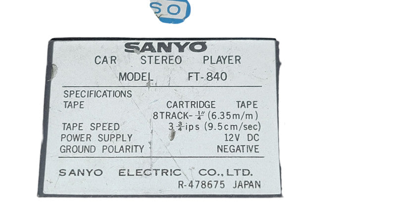 SANYO 8 TRACK CAR STEREO PLAYER (FT-840) %