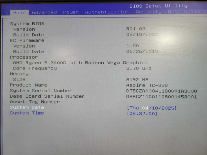 Acer Aspire PC Desktop TC-390 AMD Ryzen 5 3400G 3.7GHz 8GB DDR4 RAM NO HDD !