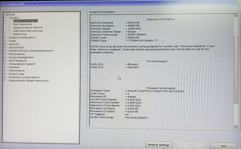 Dell Optiplex 3070 USFF, Intel i3-9100T CPU 3.10GHz, 8GB RAM - NO HDD Q