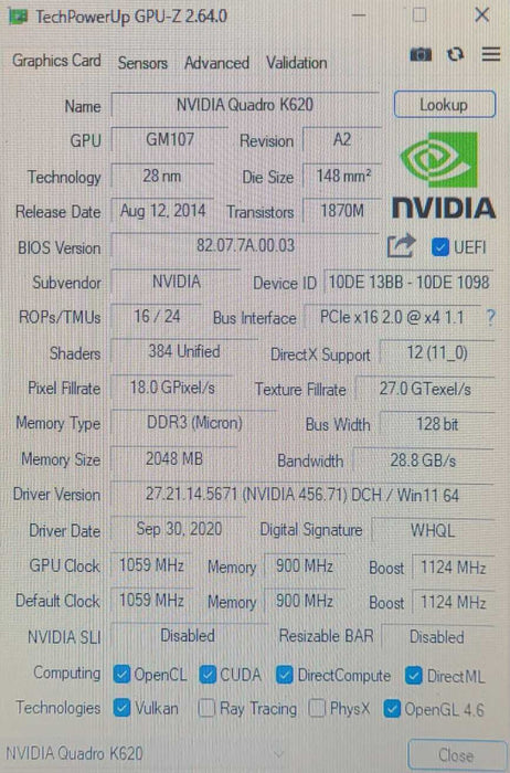 NVIDIA Quadro K620 2GB DDR3 Graphics Card