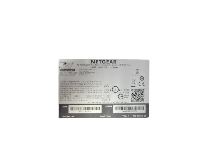 NETGEAR 48-Port Gigabit PoE+ Smart Managed Pro Switch 4x SFP GS752TPP _