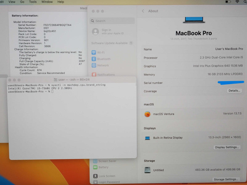 Apple MacBook Pro 13", 2017 A1708 i5-7360U 16GB RAM 500GB SSD SERVICE  β
