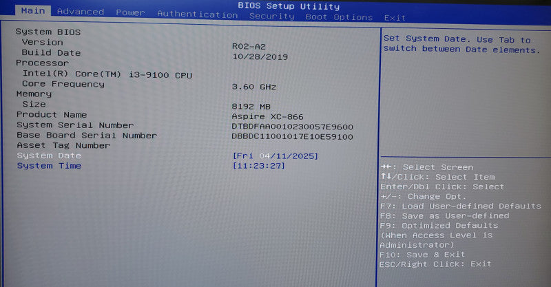 Acer Aspire XC-866 Desktop Intel Core i3-9100@3.60 GHz 8GB no-HDD/SSSD