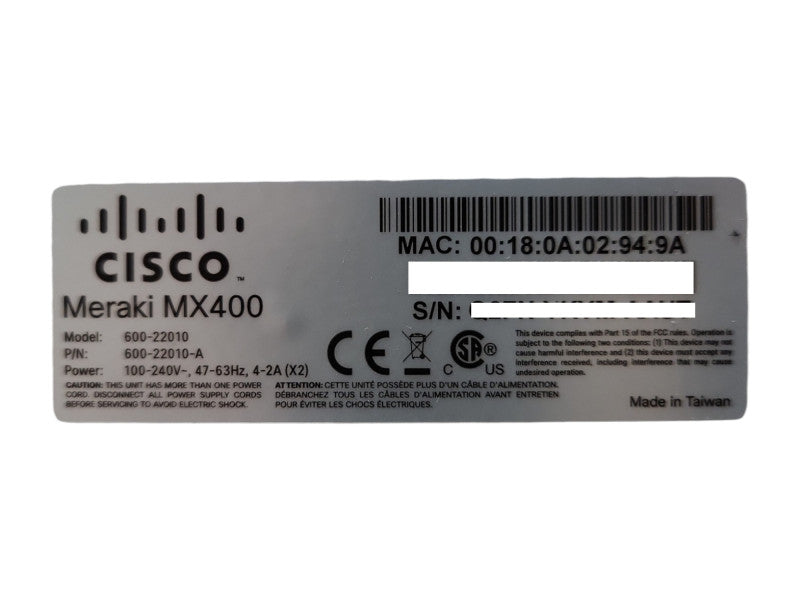 CISCO MERAKI MX400-HW Cloud Managed Security Appliance, Unclaimed