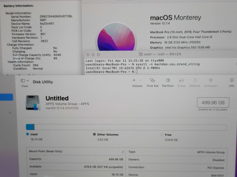 Apple MacBook Pro 13" 2016 A1706 i5-6267U 16GB RAM 500GB SSD READ   β