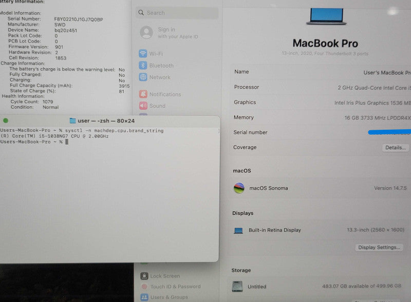 Apple MacBook Pro 13" 2020 A2251 i5-1038NG7 16GB RAM 500GB SSD  β