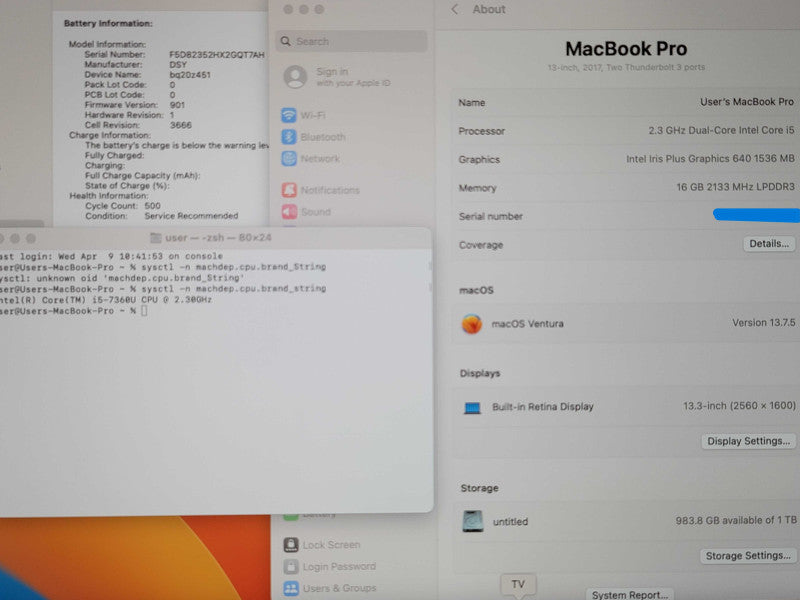 Apple MacBook Pro 13" 2017 A1708  i5-7360U 16GB RAM 1TB SSD SERVICE BATTERY β