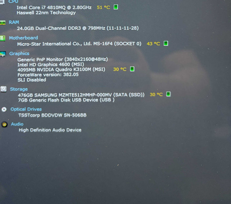MSI GT60 20KWS i7-4810MQ@2.8GHz QUADRO K3100M 4GB GPU 16GB RAM 480SSD READ!  Lap200